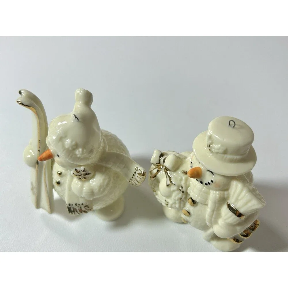 Vtg Porcelain Jade Snowman Ornaments Set Of 2 Ski Broom White Gold Color Accent